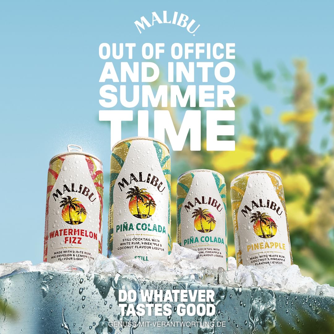 Malibu Piña Colada, fruchtig-frischer Mix aus weißem Rum, Ananas-Geschmack und Kokos-Likör, vorgemischter Cocktail, 12 Dosen à 250 ml, 10 Vol.-%