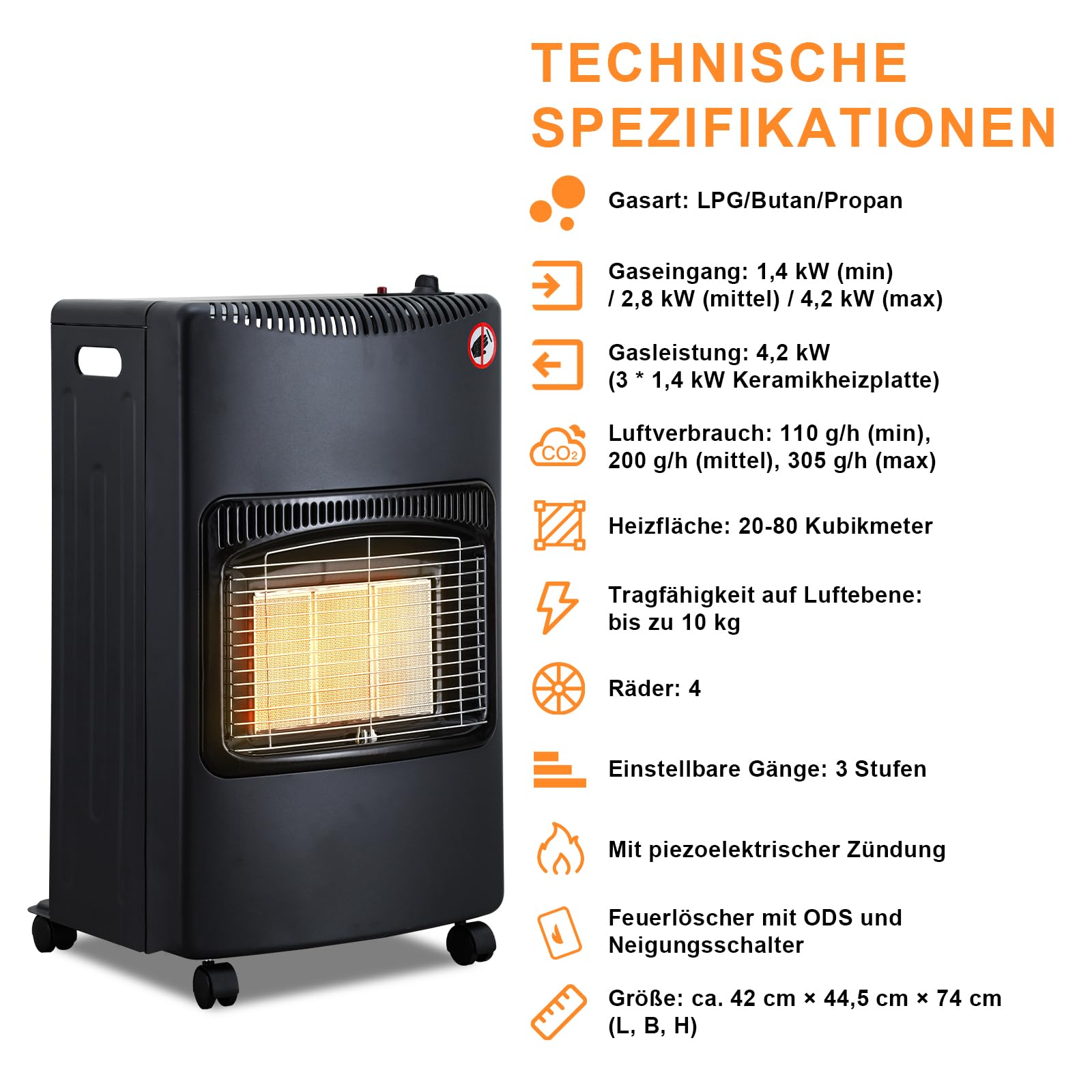 Piec gazowy, grzejnik gazowy, składany, 3 poziomy mocy i mocy cieplnej 1400-4200 W, zapalnik piezoelektryczny, zabezpieczenie przed przegrzaniem, butle z butanem lub propanem, 4,2 kW