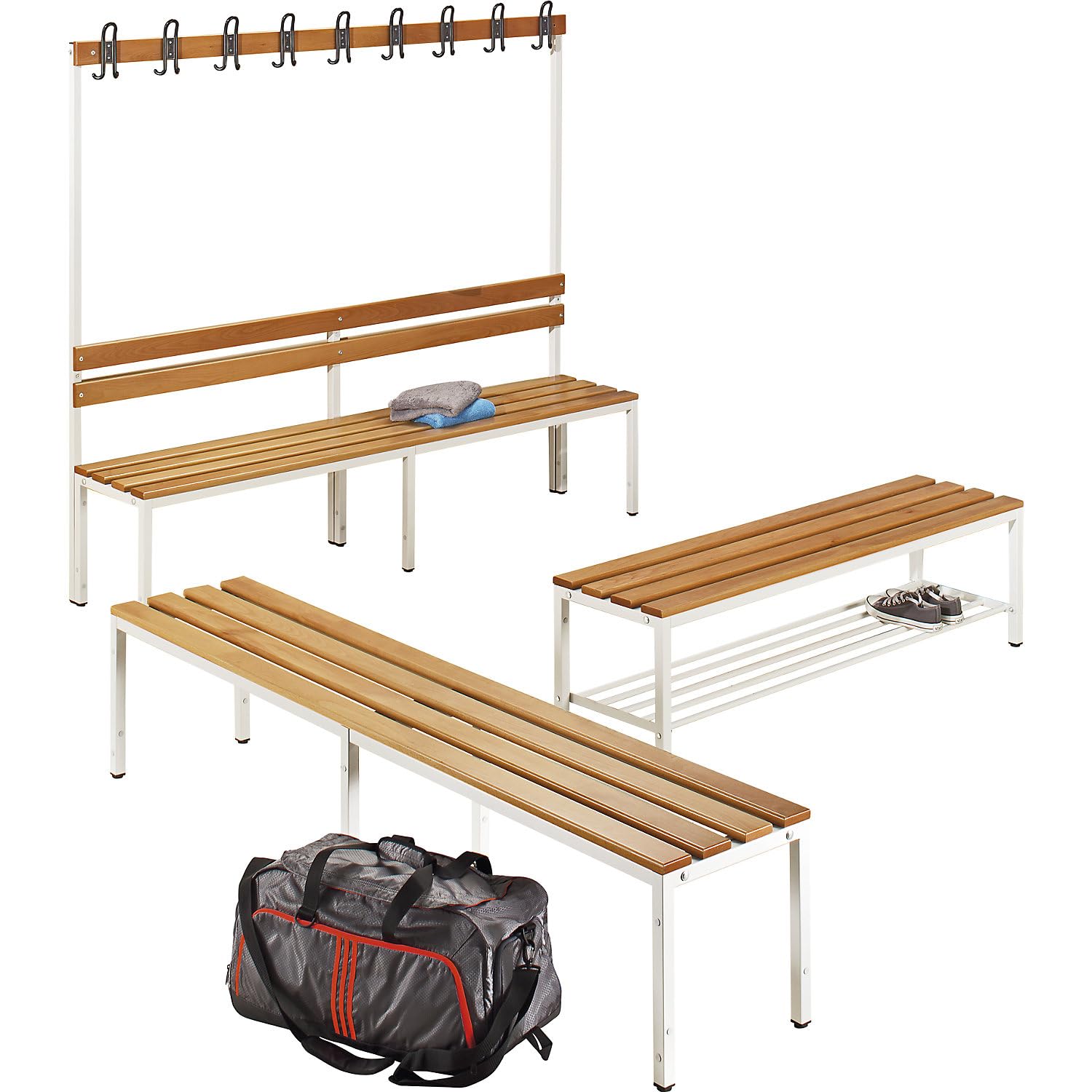 EUROKRAFT Basic | Banc de vestiaire avec Dossier | Unilatéral, lattes en bois de hêtre, longueur 2000 mm