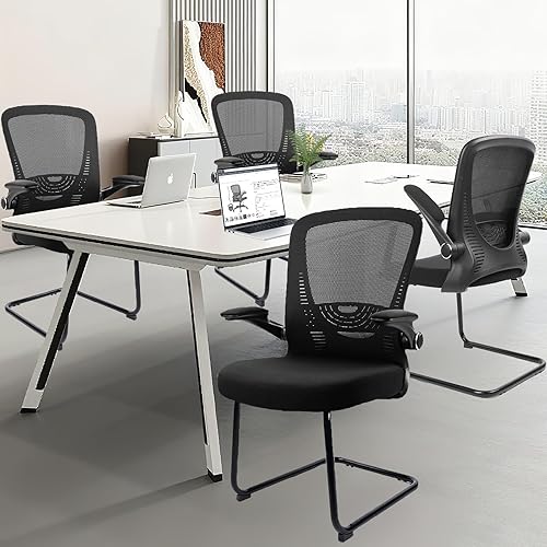 Miniatura 2 de CLATINA Silla de oficina para invitados sin ruedas con soporte lumbar y reposabrazos abatibles, respaldo medio, malla espacial, serie rejilla