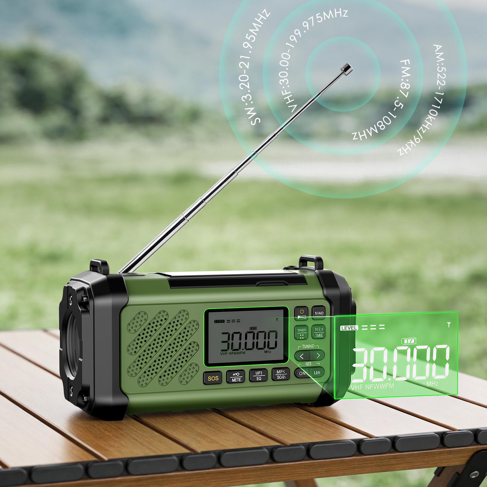 Vikeri Kurbelradio 12000mAh, Notfallradio mit Kurbel und Solar mit AM/FM/SW, LED Camping Licht,SOS Alarm,Kompass, USB-C Handyladung, Tragbare Radio mit Tragegurt für Notfall (Grün)