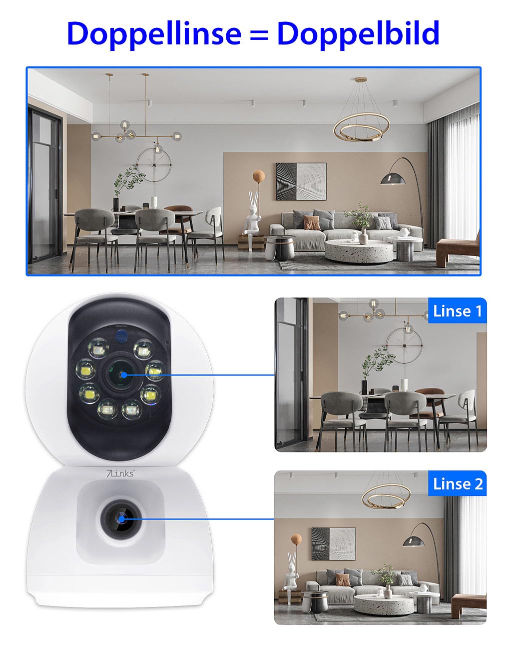 7links Haustierkamera: Dual-Linsen-WLAN-Kamera, je Full HD, Farb-Nachtsicht, Tracking, Sirene (Überwachungskamera WLAN, WiFi Camera, IP)