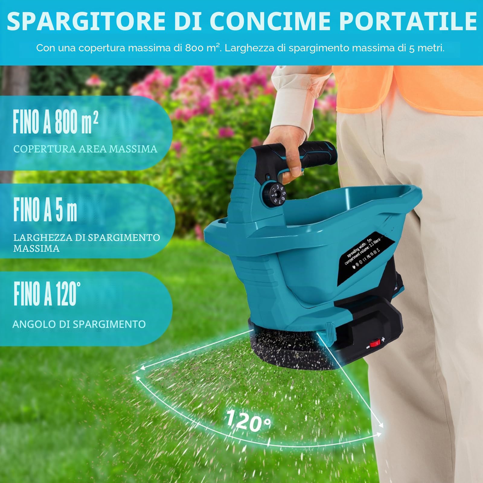 Spandiconcime a Batteria, Spandiconcime Elettrico per Prato con Regolazione Della Velocità a 6 Livelli, 3,3 Litri, Copertura di 800 m², Spandiconcime per Semi Include 2 Batteria e Caricabatteria