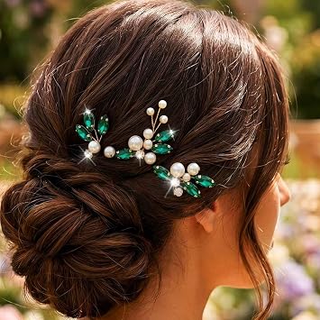 Gold Pearl Bridal Hair Pins Green Crystal Wedding Hair Pieces Hair Accessories for Women Pack of 3 Gold Plated-Green