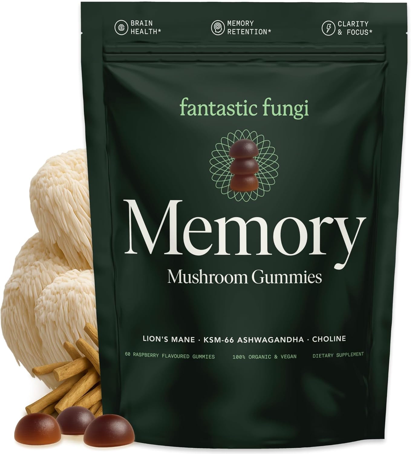 Fantastic Fungi Organic Mushroom Gummies for Focus & Memory, Lions Mane, Choline & Ashwagandha Gummies for Adults | Vegan, Sweet & Sour Flavor | 1 Month Supply | 60 Gummy Chewables