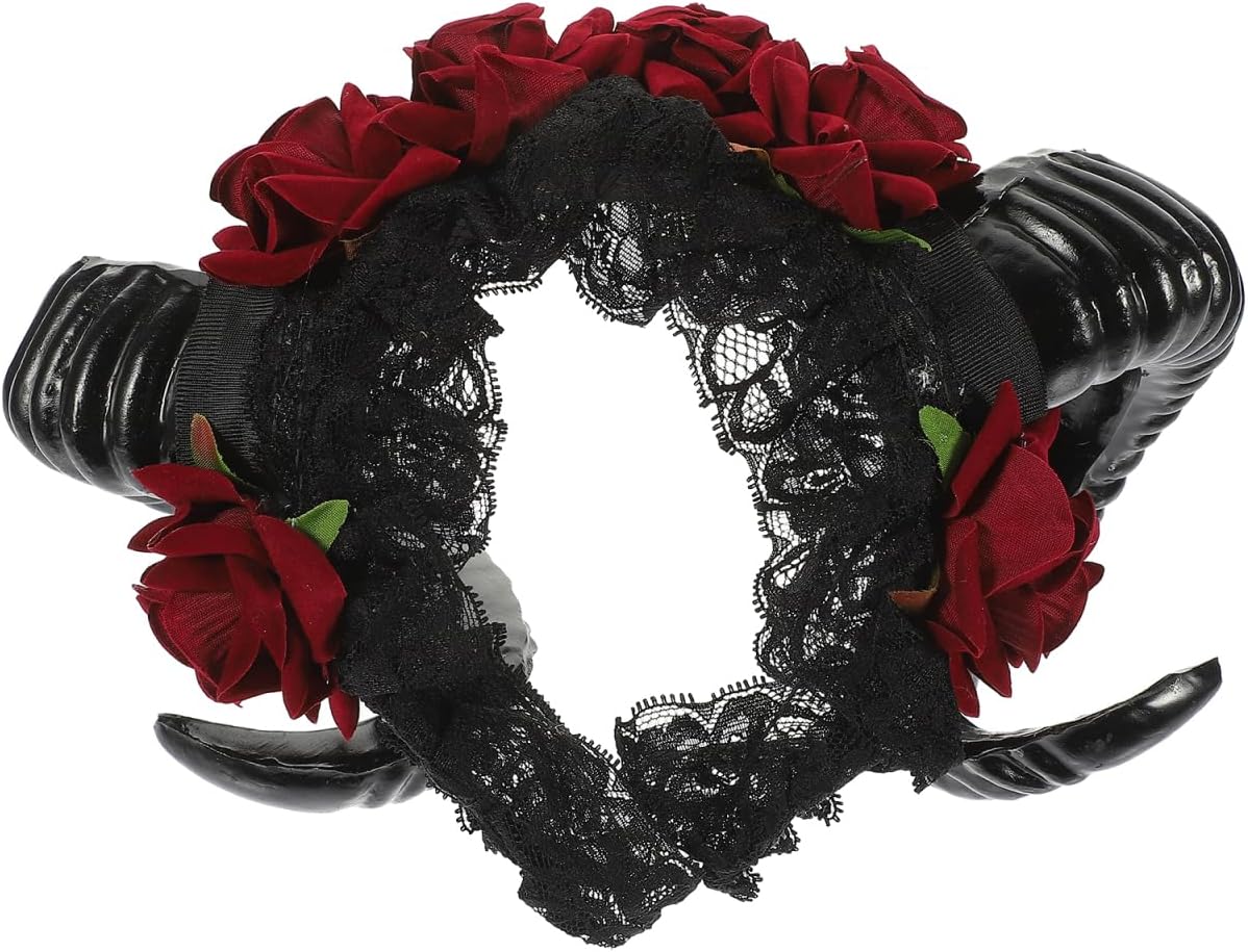 Lurrose Rose Horn Headband Gothic Sheep Horn Lace Headband Devil Cosplay Headpiece Dress up Supplies for Party