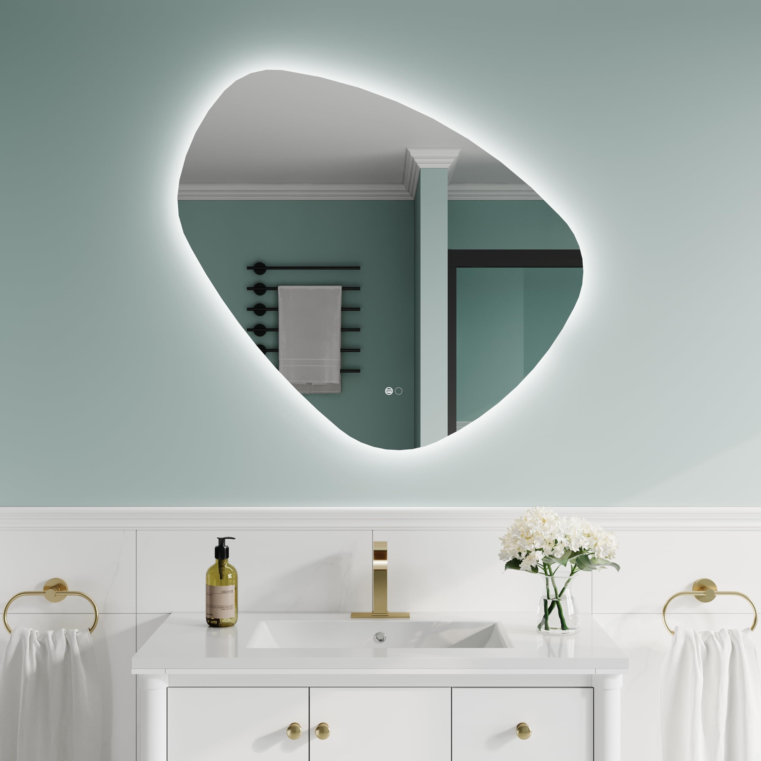 WELLFOR 32"x30" Frameless Irregular Bathroom Mirror with Light, Lighted Bathroom Mirror, Water Drop Shaped Bathroom Vanity Mirror, Anti-Fog, Dimmable
