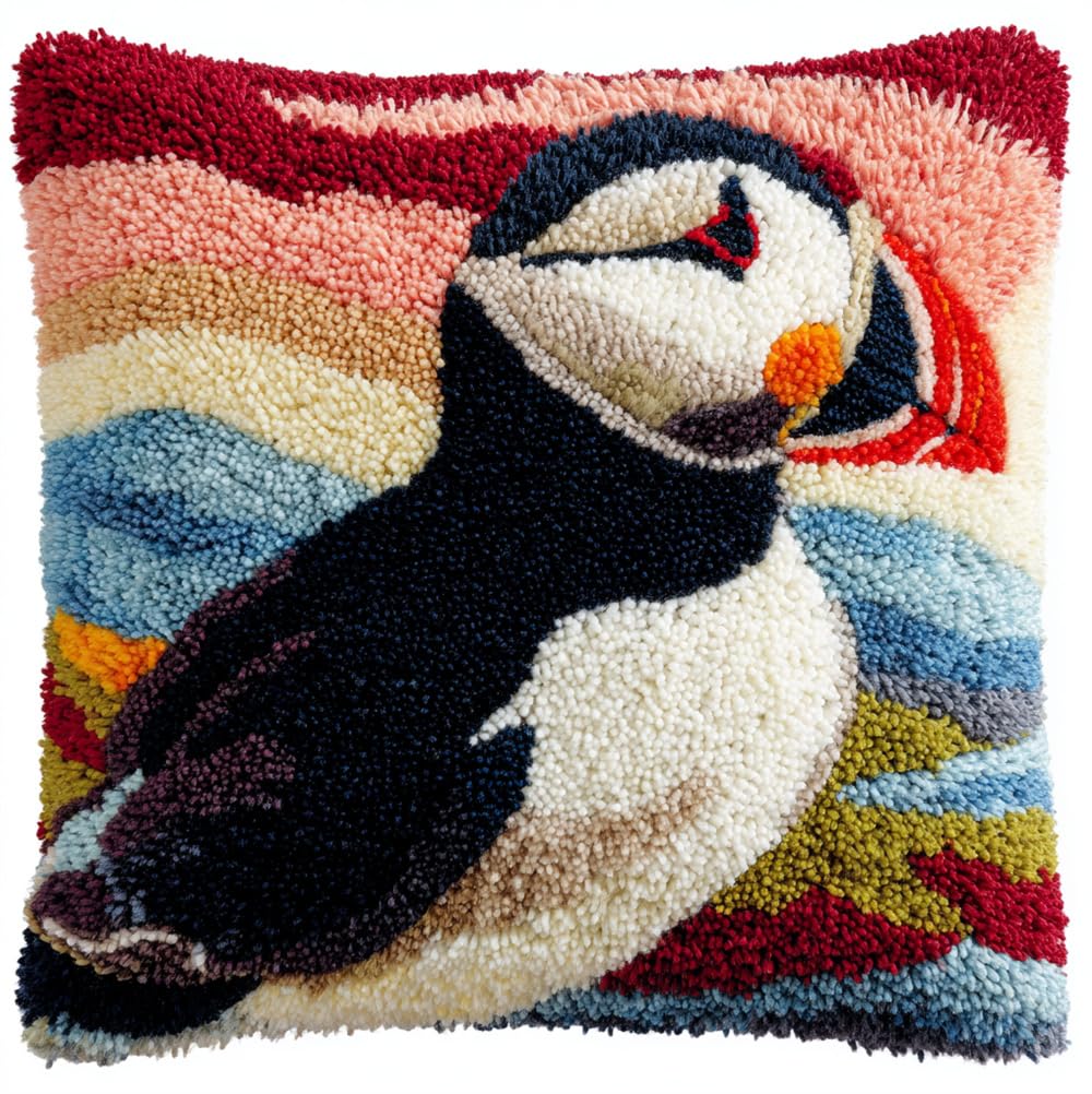 Kitquiver Latch Hook Kits for Adults - Puffin Latch Hook Pillow Kits for Kids, Crochet Yarn Kit for Beginners, DIY Needlework Crafts Cover Case with Printed Canvas,(17X17 Inch)