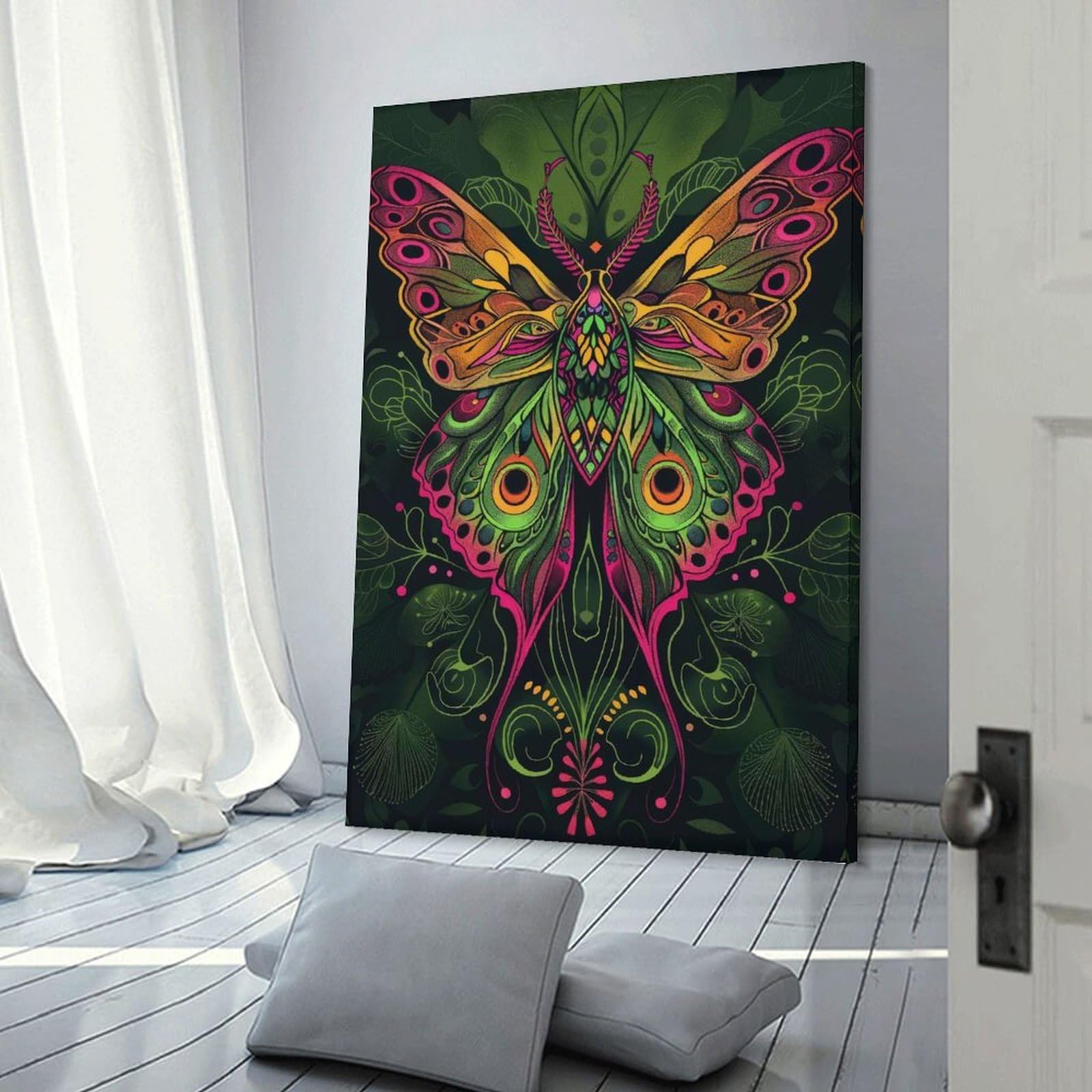 Junmoney Frame-Style-13 Neon Art Nouveau Moth Canvas Wall Art, 24X36inch(60X90cm), For Living Room, Bedroom Or Apartment Walls, Decorative Artwork For Empty Walls