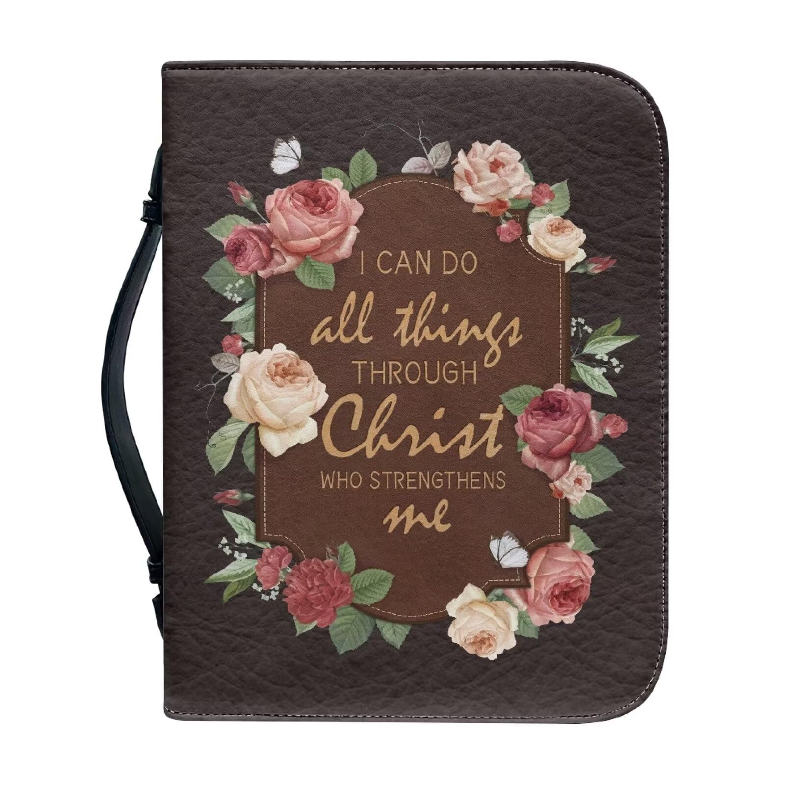 Talayituse Cross Chinese Rose Print Faux Leather Bible Cover for Men Boys Women Girls I Can Do All ThingsChristian Bible Case with Handle Carrying Book Case Protector Bible Tote Handbag Gifts, 2XL โ image 1