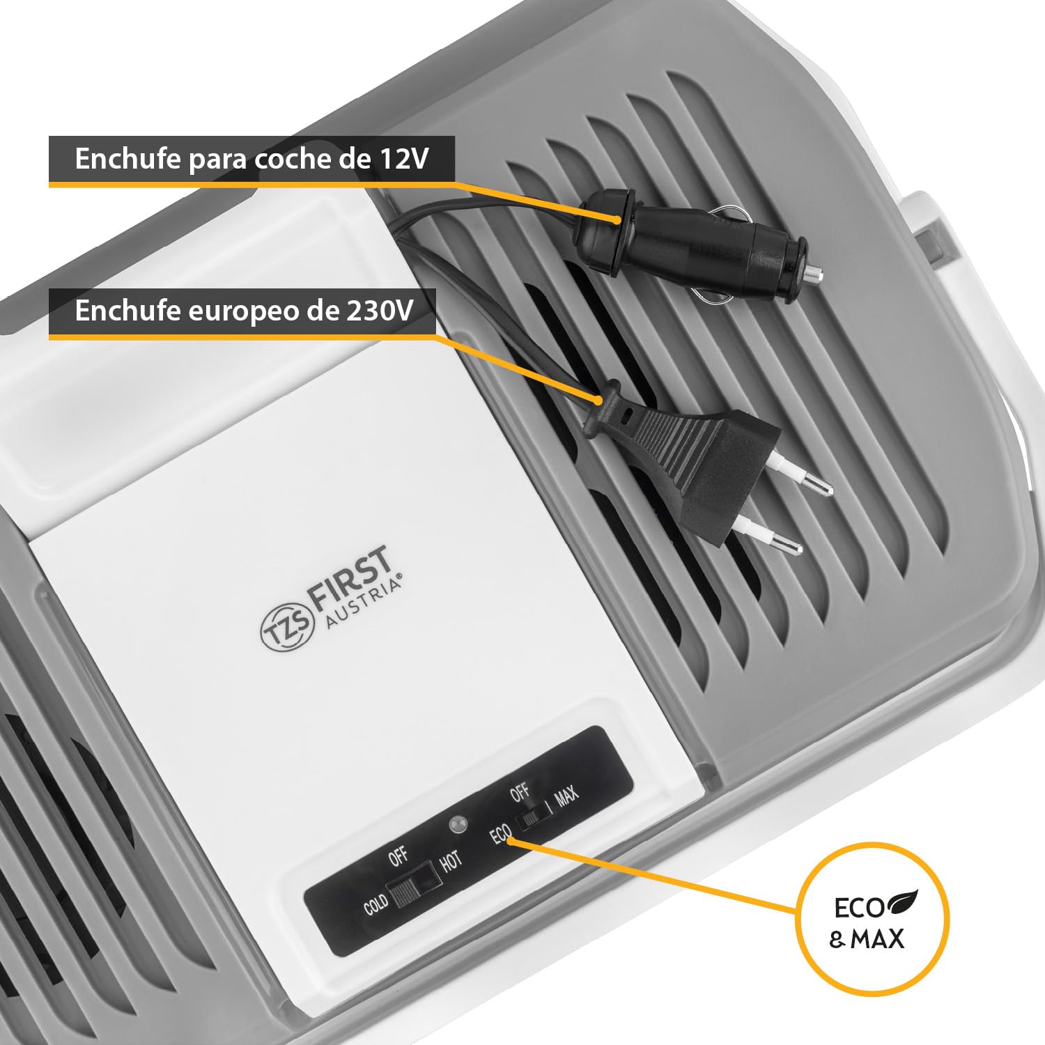 TZS First Austria - Nevera portátil 24L eléctrica 12V 230V enchufe para coche y estándar - Frigorífico termoeléctrico enfría y calienta - Coolbox con asa - Para camping, festivales, viajes - Gris