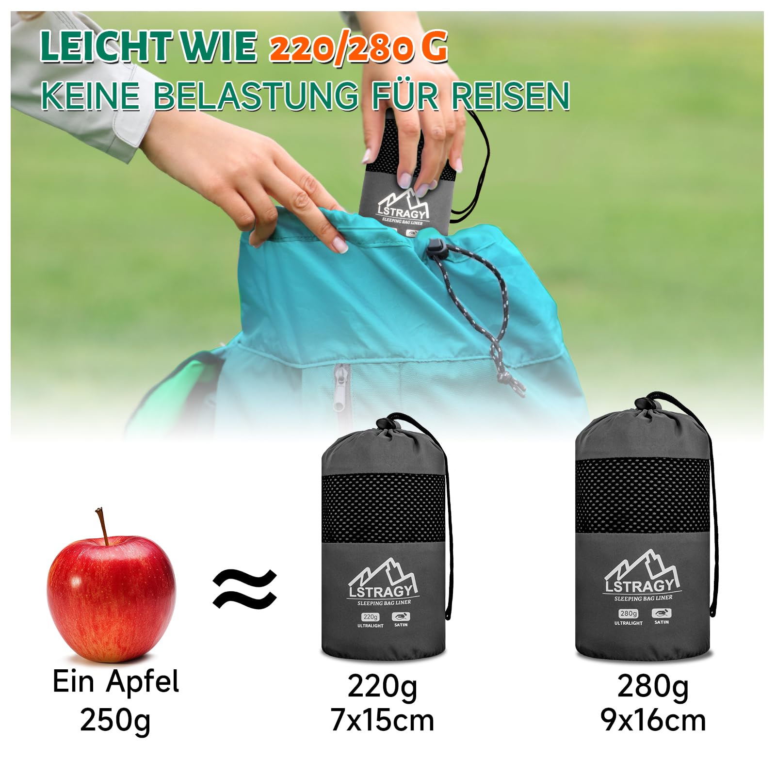 Hüttenschlafsack Ultraleicht aus Satin,Dünner Schlafsack Inlett mit Zwei-Wege-Reißverschluss,Reise-Schlafsack Ideal für Hostel und Backpacking Must Haves,Wandern Zubehör