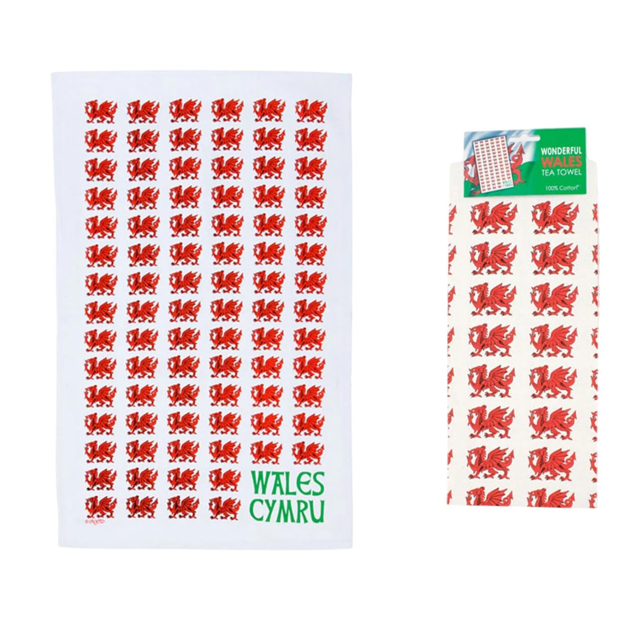 Elgate White Red Wales Multi Dragon Tea Towel | 100% Soft Cotton Kitchen Cloth | Super Absorbent, Lint-Free, Durable Dish Towel For Home, Bar, Café & Welsh-Themed Décor