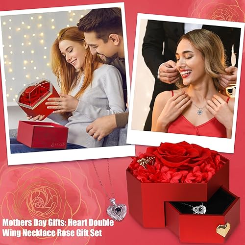 Miniatura 10 de GYIPFIPA Rosa real preservada con collar "I Love You" en 100 idiomas, regalos del día de San Valentín para ella, esposa, novia, mamá, regalos de