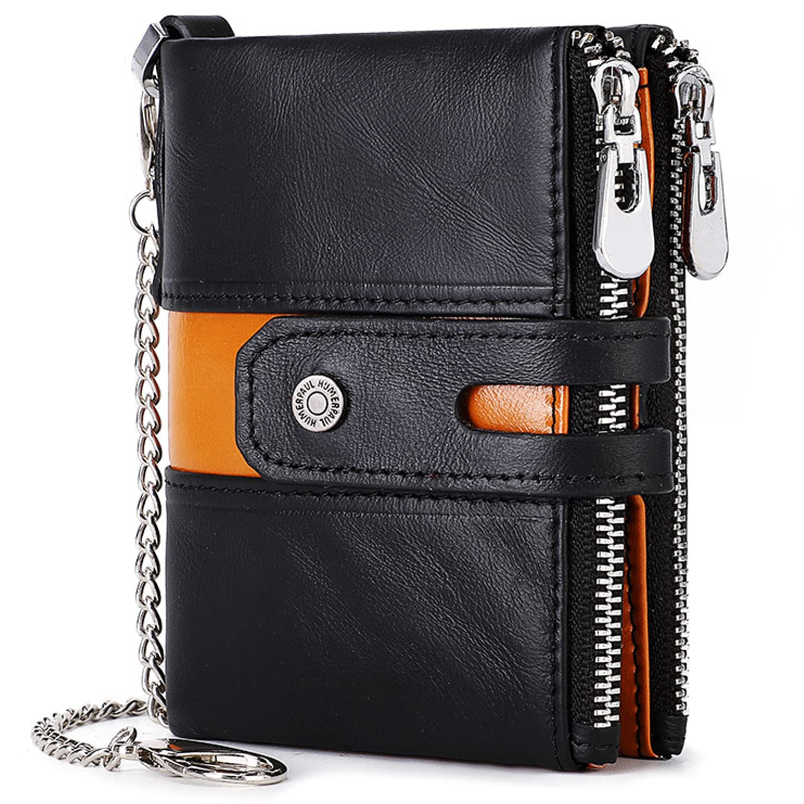 Portefeuille Homme en Cuir Véritable avec Chaîne,Zip Porte-Monnaie avec Blocage RFID, 7 Porte Carte Crédit, 2 Compartiment à Billets,2 Zip Porte-Monnaie,Poche à Monnaie avec Boîte Cadeau