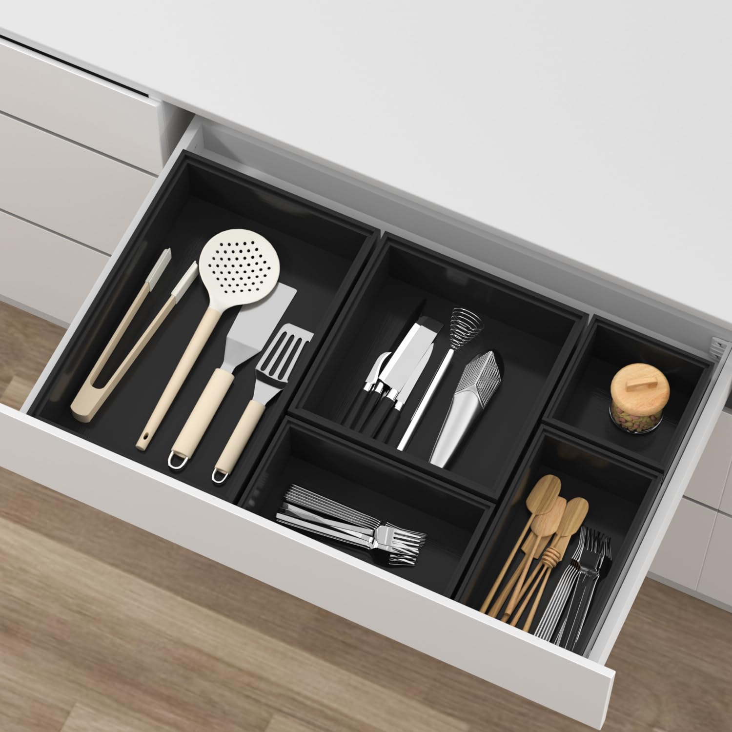Set Da 5 Organizer Per Cassetti In Bambù - Divisori Regolabili Per Trucco, Posate, Ufficio - Contenitori Impilabili Multiuso Per Casa, Bagno, Cucina - Nero