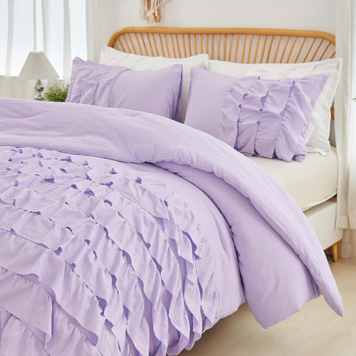 PERFEMET Lavender Ruffle Comforter Set Full Size Bedding Sets for Girls Multi Layers Ruffled Boho Bed Sets Washed Microfiber Farmhouse Princess Bedding for Kids Teens(Purple,Full) - Image 2