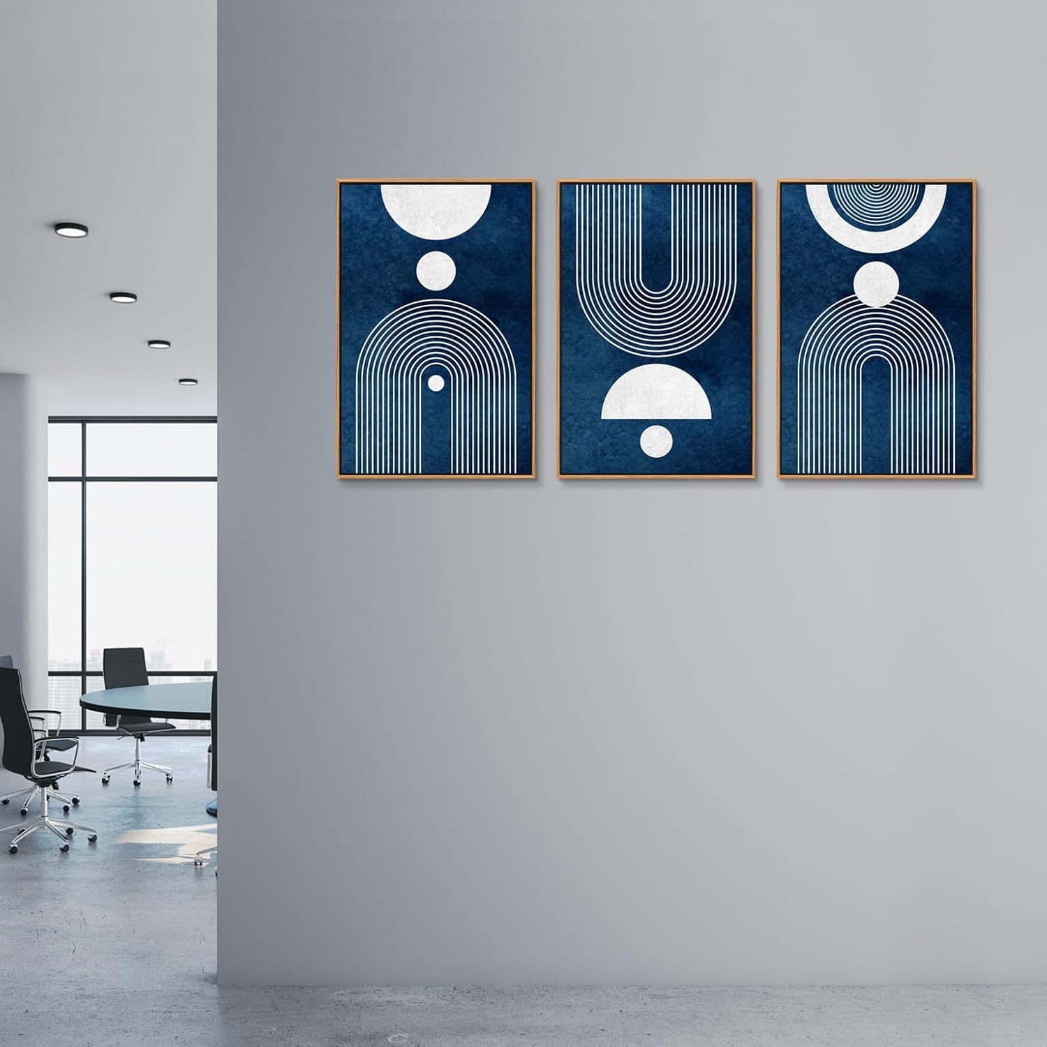 Framed Boho Canvas Wall Art - Mid Century Modern Geometric Pictures Prints Blue and White Minimalist Artwork Bohemian Wall Art for Bedroom Living Room Bathroom Office Decor 16" x 24" x 3 Piece Set