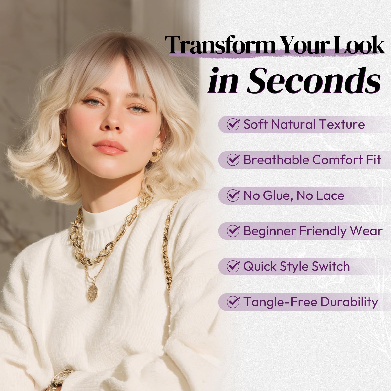 BARSDAR Short Wavy Blonde Ombre Wig with Bangs, Short Blonde Ombre Bob Wigs Dark Roots for Women - Image 4