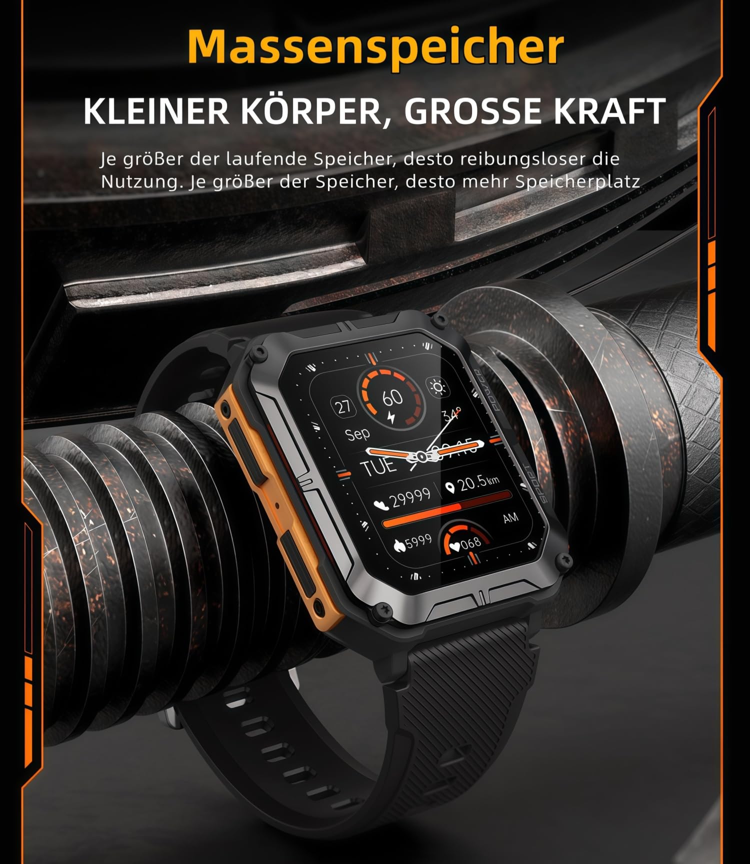 Thor Die Stabilste Smartwatch Originale smarte Sportuhr für Herren mit Telefonfunktion, Schrittzählung, Herzfrequenzüberwachung und Blutdruckmessung (orange Farbe)