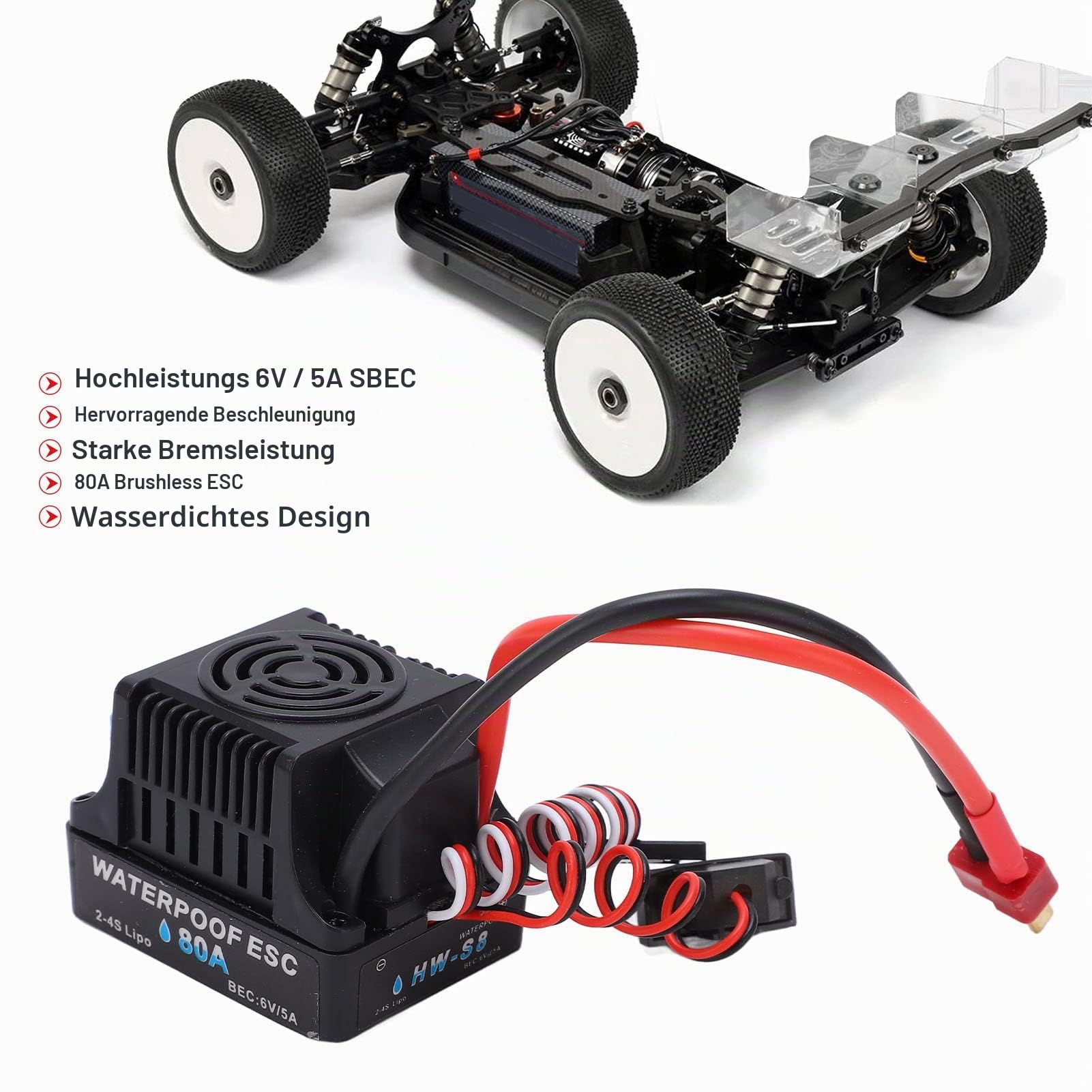 RiToEasysports Elektronischer Geschwindigkeitsregler ESC für 1/8 RC-Auto, 80A Brushless Technologie, 6V 5A SBEC, Zubehör für RC-Modelle, RC Spielzeug für Modelleerfahren und OutdoorAktivitäten
