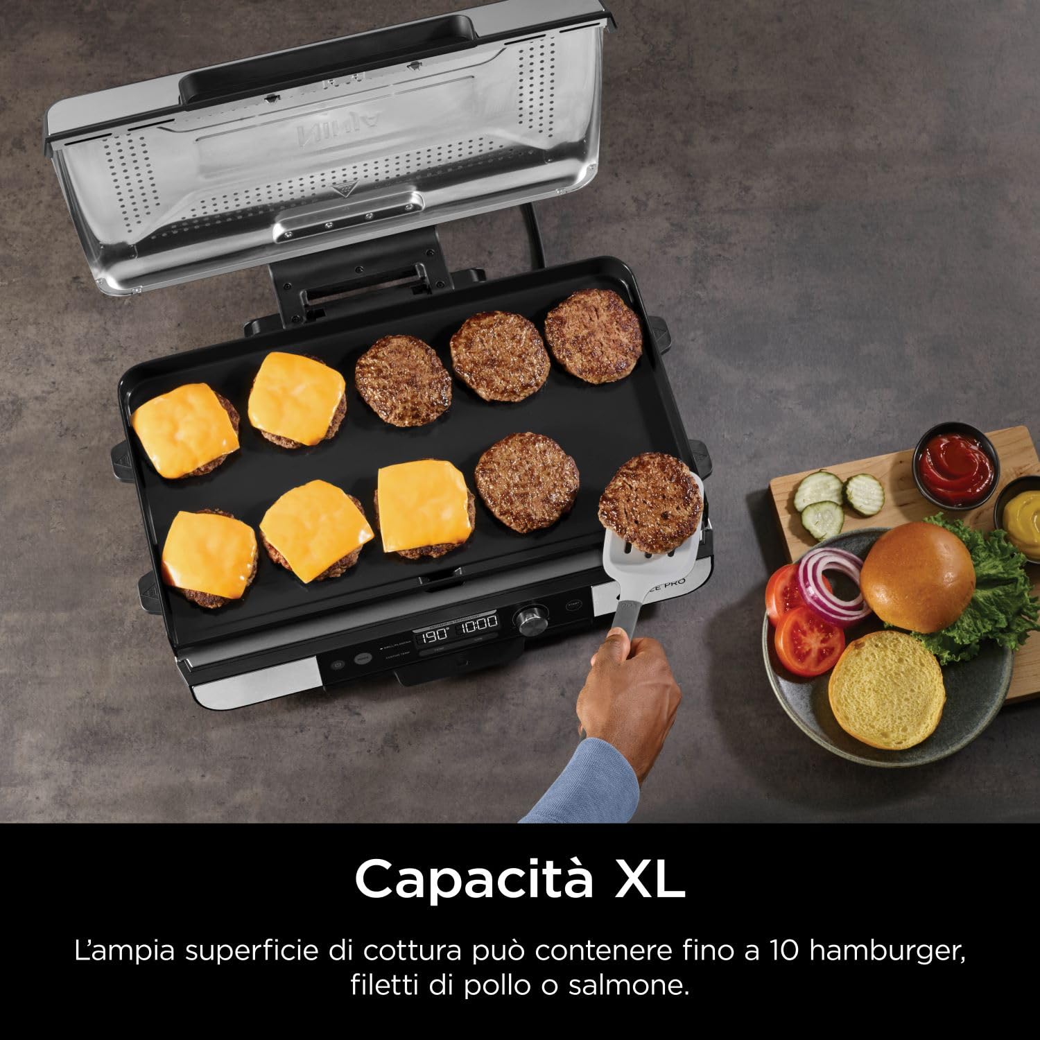 Ninja Sizzle Pro XL Griglia e piastra liscia da interni, rivestimento antiaderente in ceramica, coperchio rimovibile, vassoio raccogli-grasso, ricettario, argento/nero GX101EU