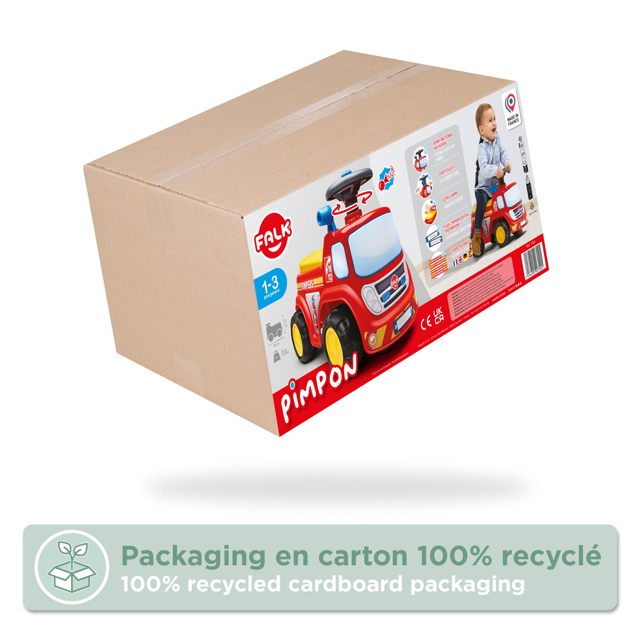 FALK Camión de Bomberos Porteur-A Partir de 12 Meses-Fabricado en Francia-Volante direccional con bocina-Palanca con Efecto sonoro-Caja de Almacenamiento-Matrícula personalizable-700, 700