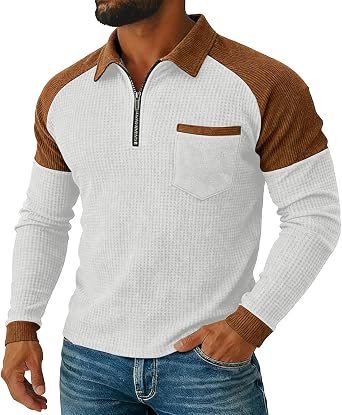 Mens Waffle Shirts Patch Corduroy Quarter Zip Pullover Mock Neck Shirt Casual Tops Fitted TShirts Long Sleeve Tees