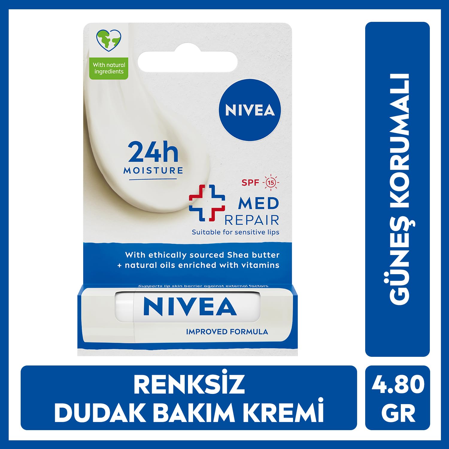NIVEA Med Repair Dudak Bakım Kremi, 24 Saat Nem,Doğal Yağlar,SPF 15 (4,8 ml) + NIVEA Hydro Care Dudak Bakım Kremi, 24 Saat Nem, Aloe Vera, Saf Su ve Doğal Yağlar, SPF 15 (4,8g) X3