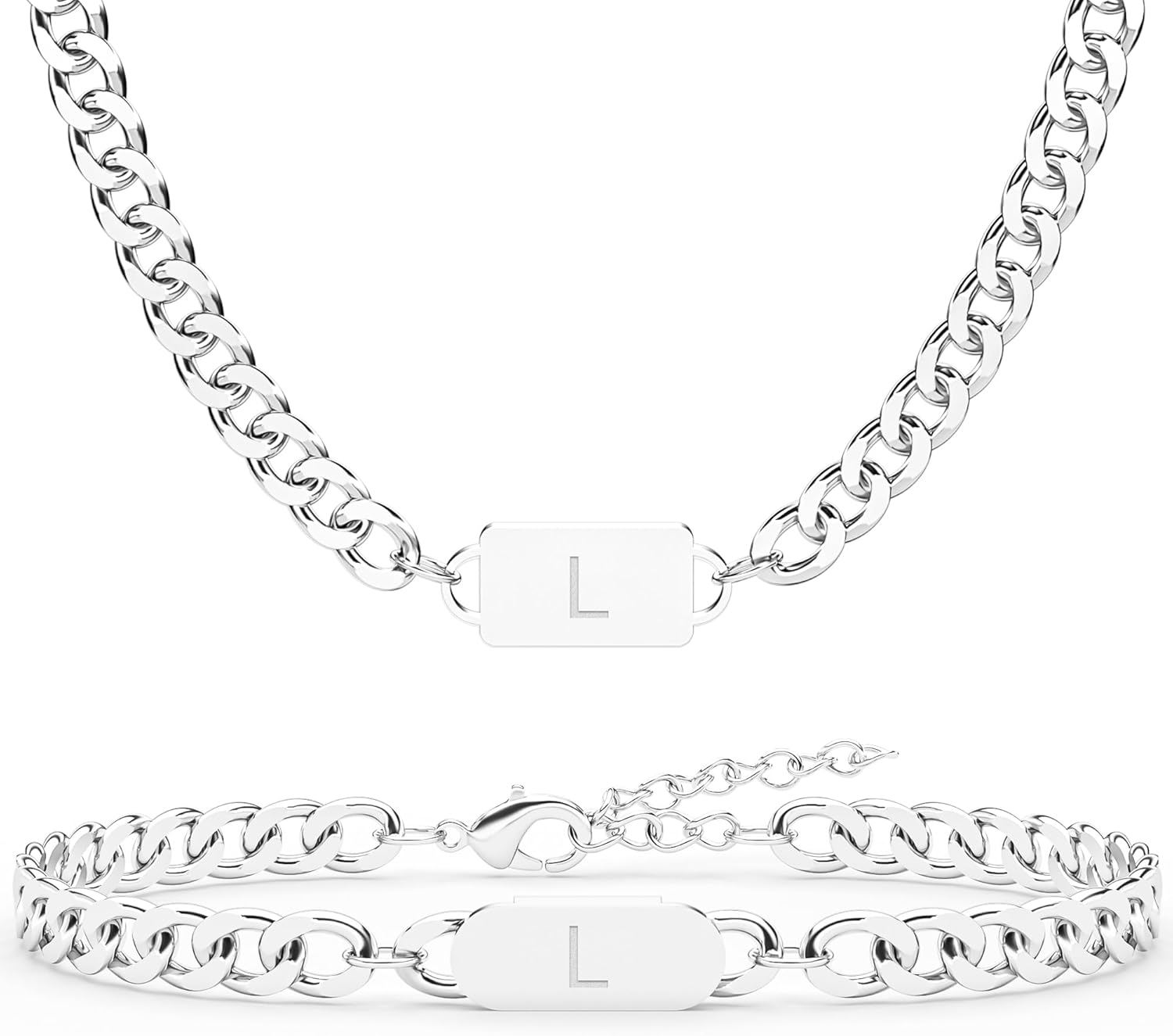 Aospkle 2PCS Initial Letter Cuban Necklace Bracelet, A-Z Letter Pendant Silver Cuban Link Chain for Men Women Jewelry Set for S