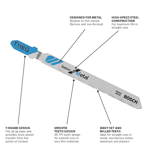 Miniatura 2 de BOSCH T118G 5 piezas 3-58 pulgadas 36 TPI Basic para hojas de sierra caladora de metal con vástago en T (paquete de 2)