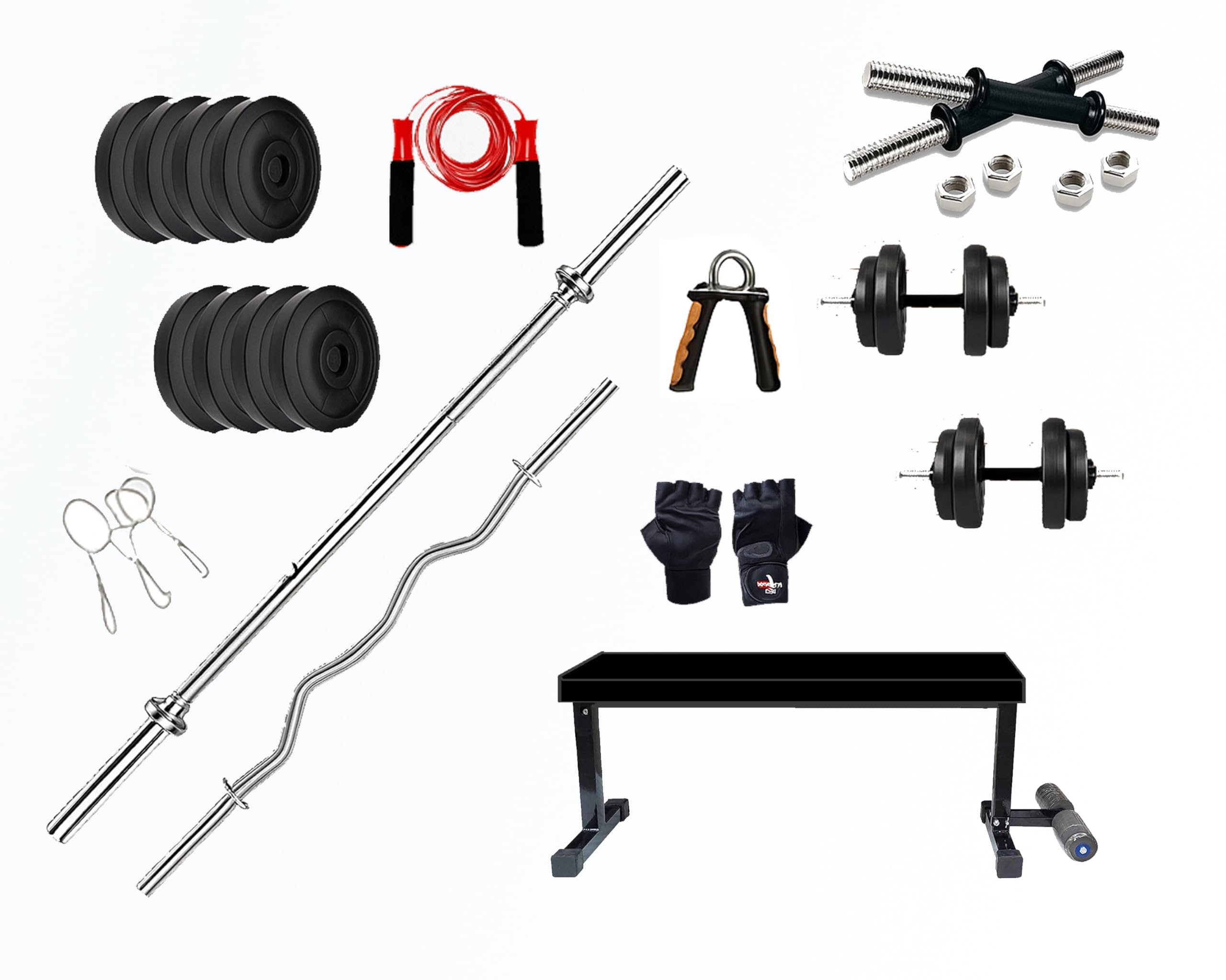 Home Gym Set Combo Kit, Gym Equipment, (10 -100 Kg), 3Ft Curl, 5Ft Plain Rod, Flat Bench,2X14 Dumbbell Rods Weight Plates, Fitness Exercise Set. (30 KG)-image-21