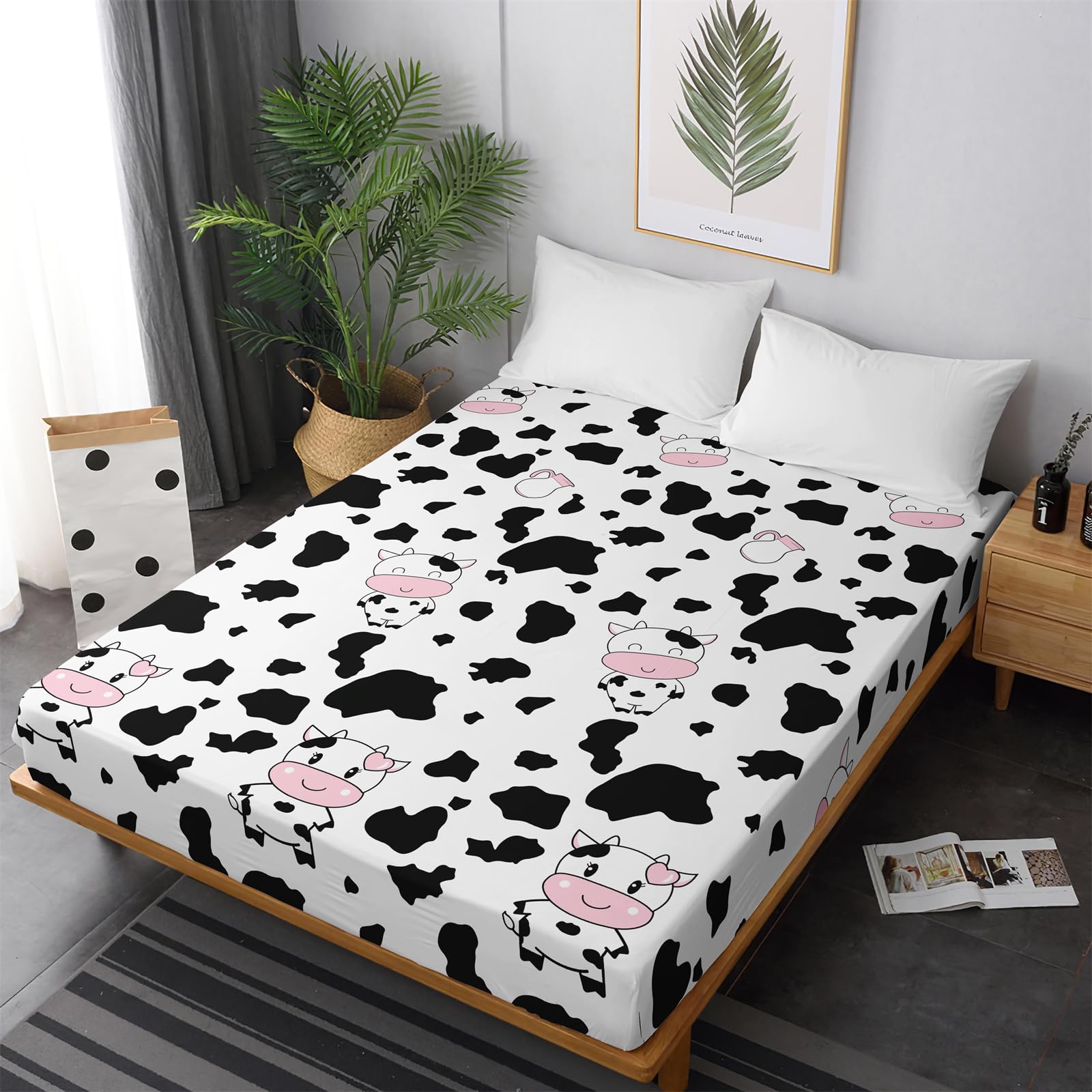 Chickwin Fitted Sheets Bedding Sheets, Animal Print Double King Single Size Bed for Deep Pocket 30cm - Shrinkage Fade Resistant Easy Care (King,dairy cow)