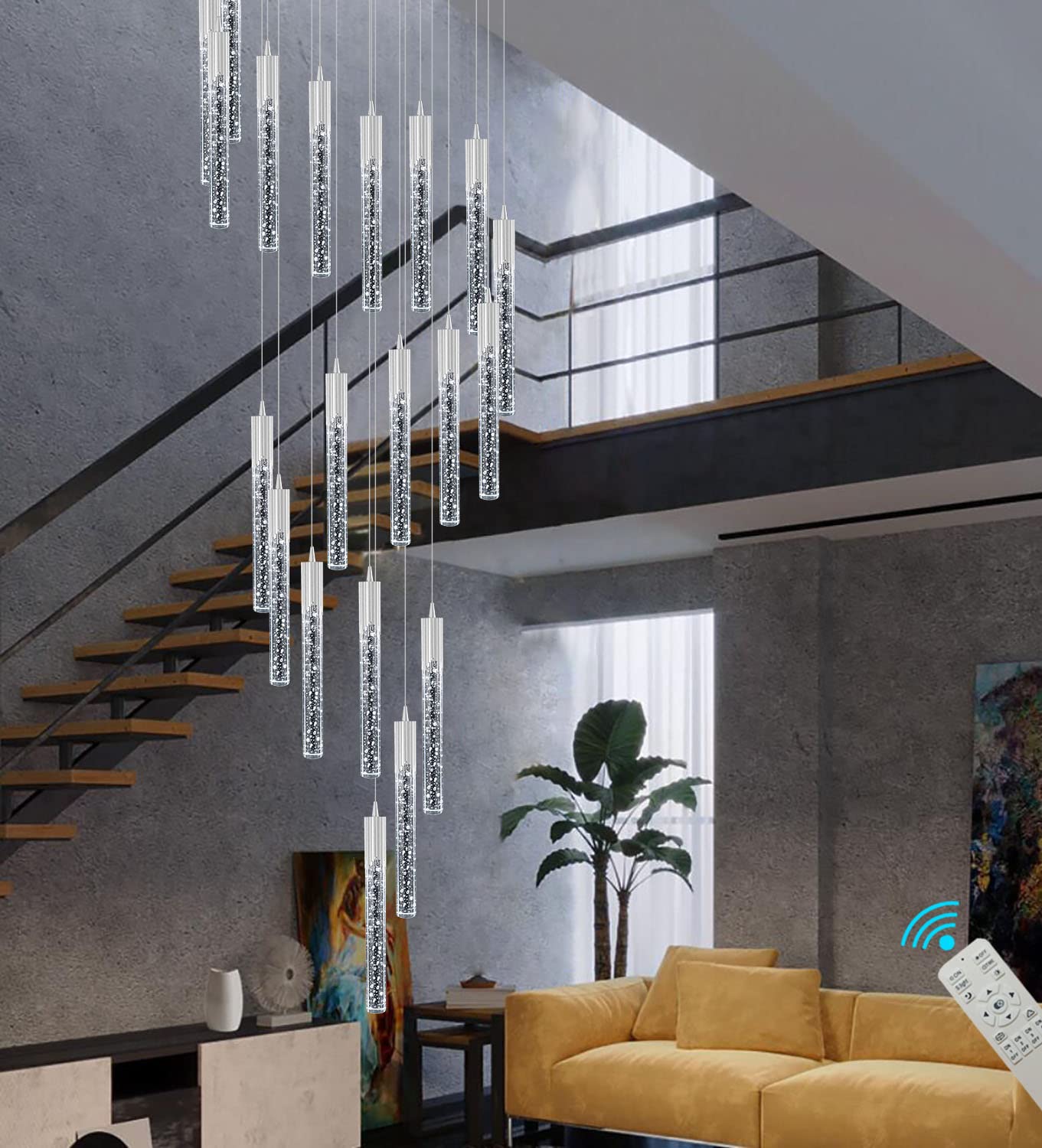 Lámpara de araña Moderna Plateada de 20 Luces Regulables - Elegante lámpara Colgante de Cristal para techos Altos, vestíbulo, Escalera, Pasillo, Villa. Longitud: 3,5 Metros (11,5 p