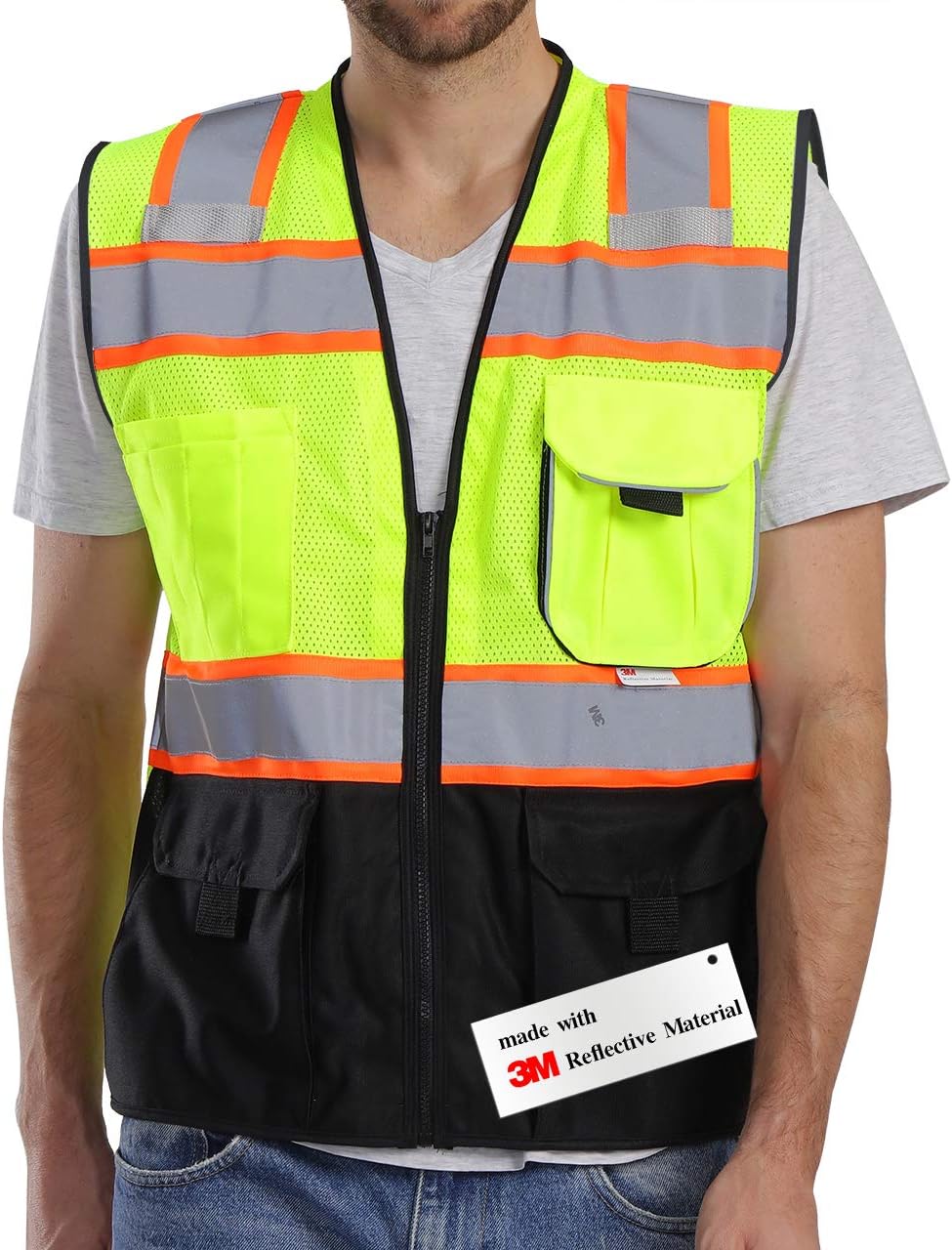 Dib Safety Vest Reflective with Pockets and Zipper, High Visibility Mesh ANSI Class 2, Made with 3M Reflective Tape, Yellow and Black 3XL