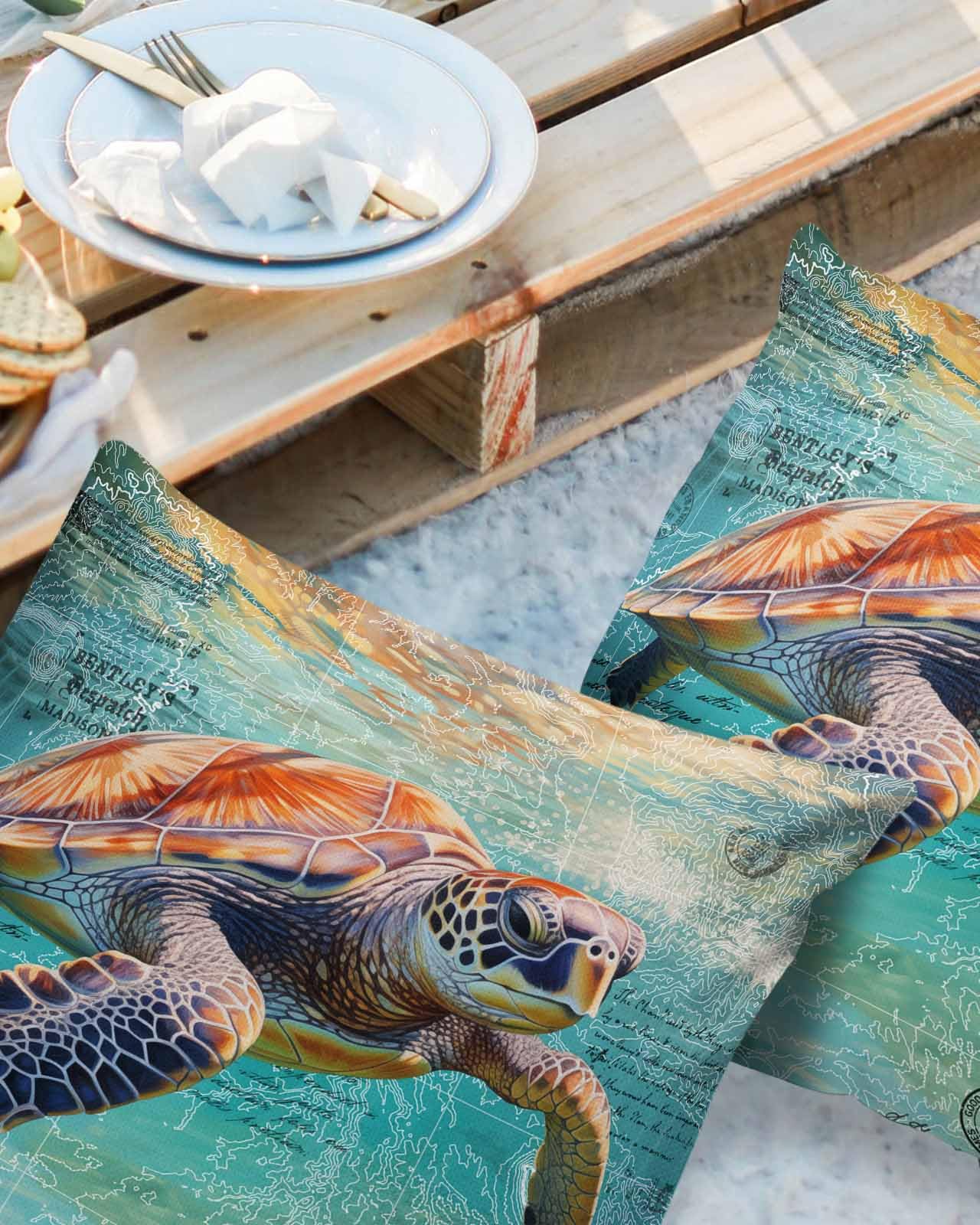Sea Turtles Outdoor Pillow Cover 18x18 Inch Cushion Sham Case, Waterproof Decorative Square Throw Pillowcase for Outside Garden Patio Porch Couch Chair Tent Retro Coastal Nautical Maps Ocean Summer