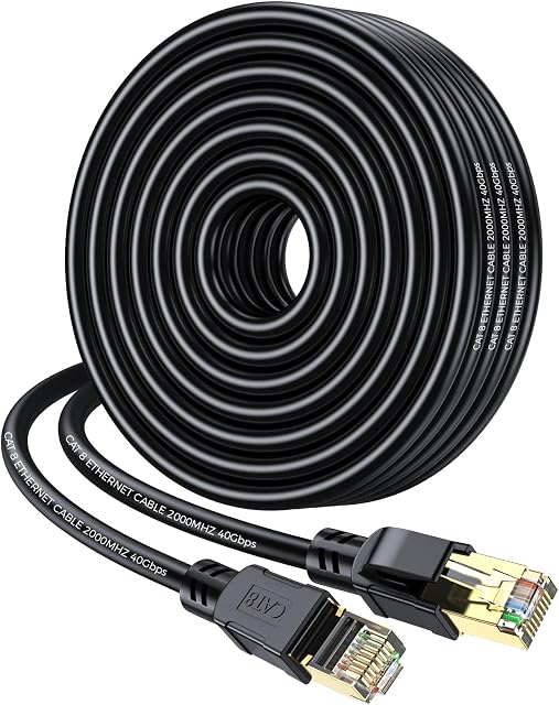 Chat 8 Câble Ethernet 50FT, Réseau à haute vitesse de poids lourd LAN Cordage par lots 40Gbps 2000Mhz avec plaqué or RJ45 Connecteur, câble Internet extérieur et intérieur compatible pour Router Gaming Modem Xbox