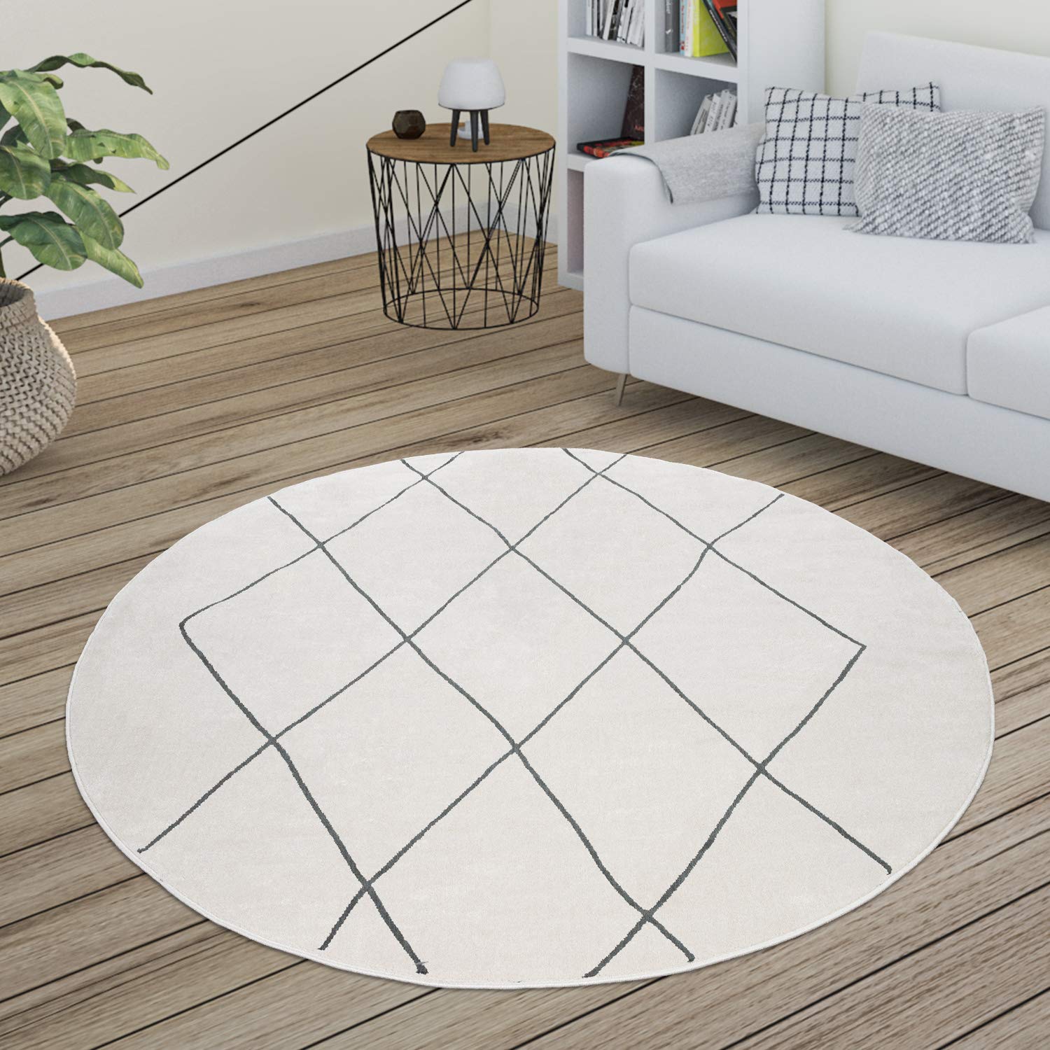 Paco Home Teppich Wohnzimmer Skandi Rauten Muster Modern Weiß Verschiedene Designs Größen, Grösse:200 cm Rund, Farbe:Weiß 2