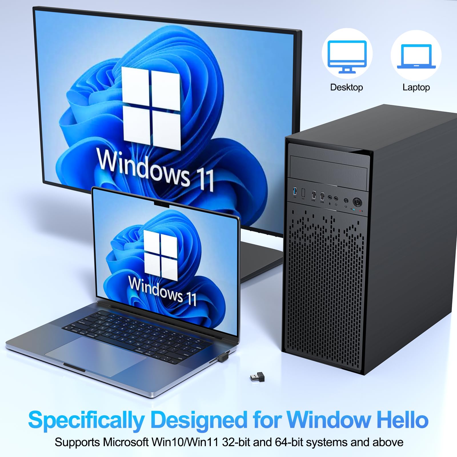 Rocketek Lecteur Empreinte Digitale USB-A pour Windows 10/11,Mini Lecteur Empreinte Digitale Windows Hello avec 360 Degrés Tactile,sans Mot de Passe et chiffrement des fichiers,Plug&Play