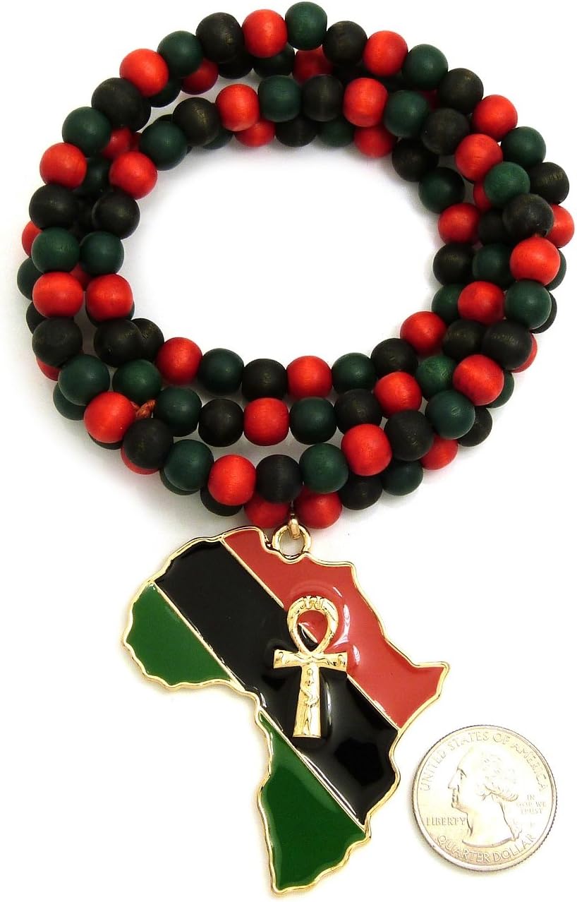 Fashion 21 Ankh Pan African Colored Africa Map Pendant 8mm 36" Wooden Bead Necklace in Gold Tone (Gold/Multi Wooden Bead)