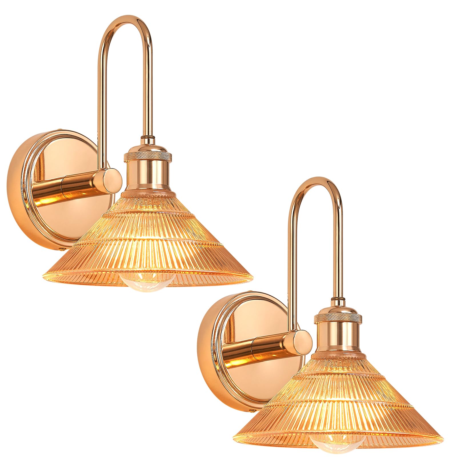 Wandleuchte Set 2-tlg, Goldfarben Vintage Wandlampe mit Rundem Bernsteingelben Glasschirm, Festverkabelte Wandleuchten für Schlafzimmer, Badezimmer, Wohnzimmer | Inkl. 2 LED Birnen