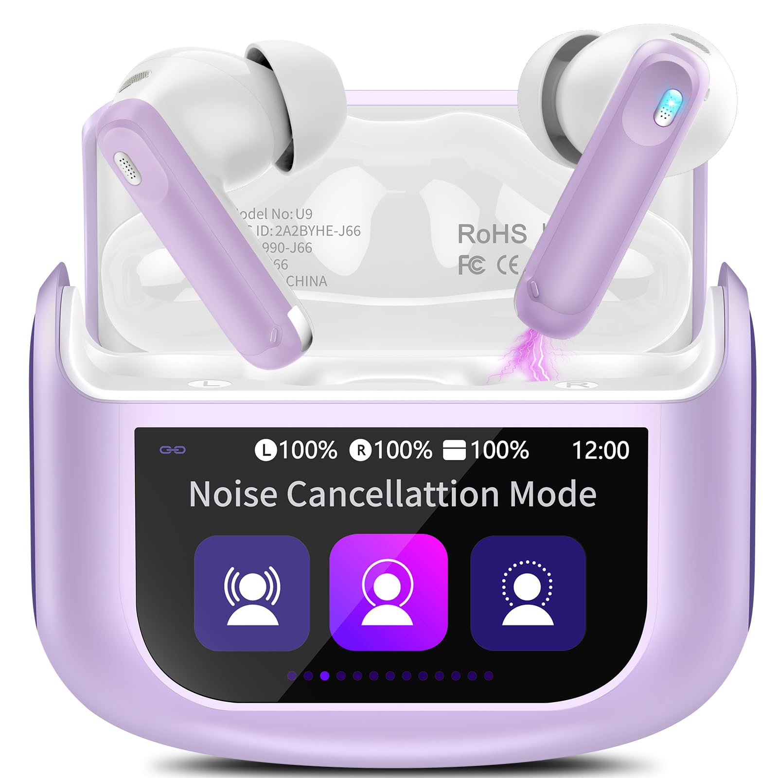 Touchscreen Bluetooth Kopfhörer, 2026 In Ear Kopfhörer Kabellos Bluetooth 5.4 mit ANC+ENC Noise Cancelling Mic, 48Std Spielzeit Tiefer Bass Earbud mit 5 EQ-Modi, IP7 Wasserdicht Ohrhörer USB-C Violett