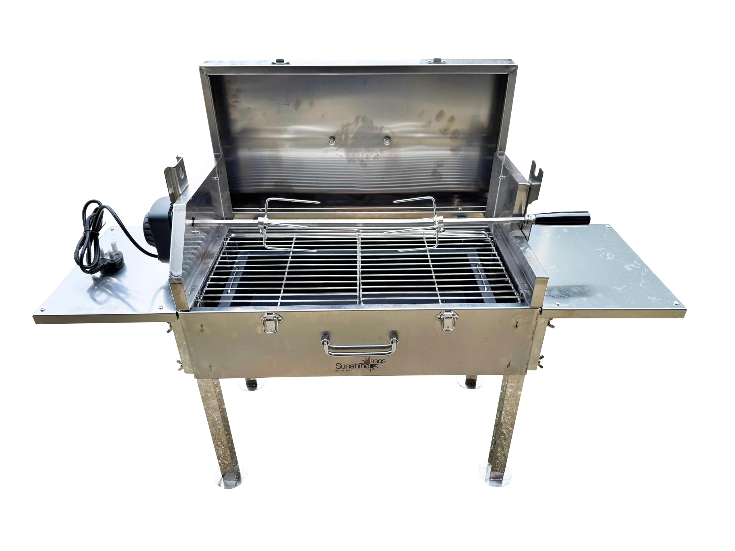Electric Rotisserie BBQ Grill, Stainless Steel, Portable Outdoor Barbecue with Side Tables