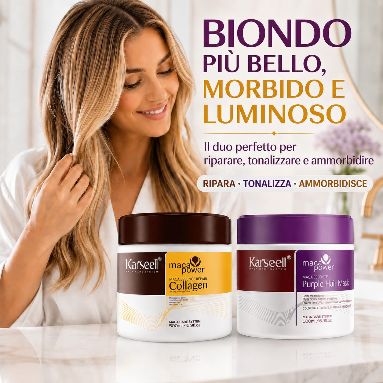 Karseell MACA CARE SYSTEM Set Maschera Capillare Collagene Idratante Nutriente + Maschera Viola Antigiallo Tonalizzante Capelli Secchi Danneggiati Biondi Grigi Bianchi Tinti Senza Solfati 2 x 500ml