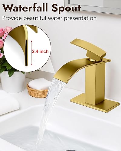 Miniatura 2 de Midanya Grifo de lavabo de montaje en cubierta de un solo agujero, grifo de lavabo de baño en cascada, grifo de baño de cascada de oro pulido, grifo