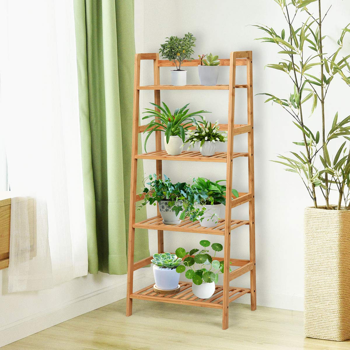 RELAX4LIFE Scaffale Porta Piante in Bambù, Supporto per Piante a 4 Strati, Espositore Impermeabile Multiuso per Giardino/Terrazza/Balcone (Naturale,48x32x115cm)