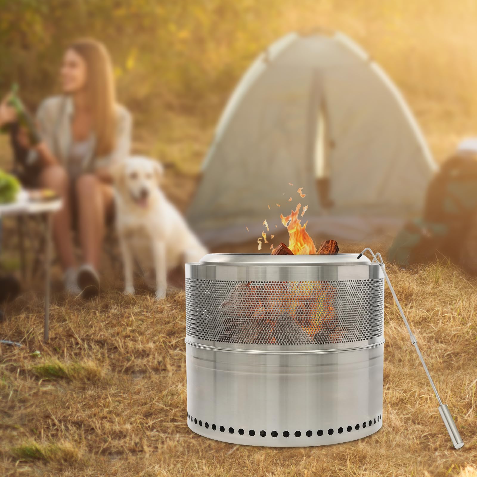 Braciere pieghevole senza fumo, in acciaio inox 201, 50 x 50 x 40 cm, con gancio antincendio e vassoio raccogli cenere, braciere portatile per esterni, per giardino, campeggio e terrazza, custodia