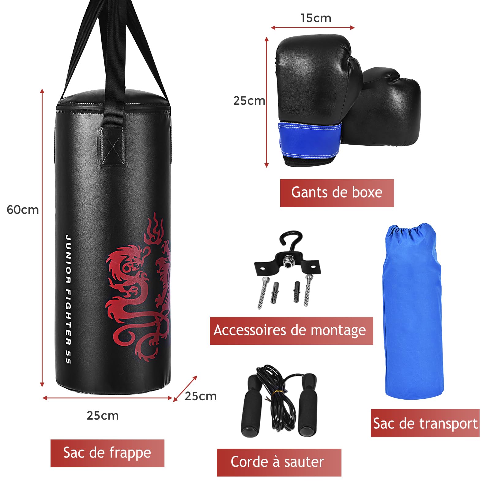 GYMAX Sac de Frappe pour Enfants, Sac de Boxe Suspendu avec Gants de Boxe & Corde à Sauter & Sac de Transport, Remplissable de Sable
