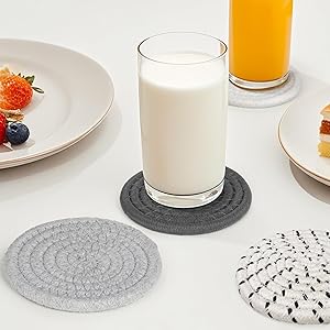 BUEDM 12 Pcs Boho Drink Coasters,Minimalist Cotton Handmade Woven Absorbent Drink Coasters,Heat Resistant Cotton Coasters for Coffee Table, Kitchen, Home Decoration