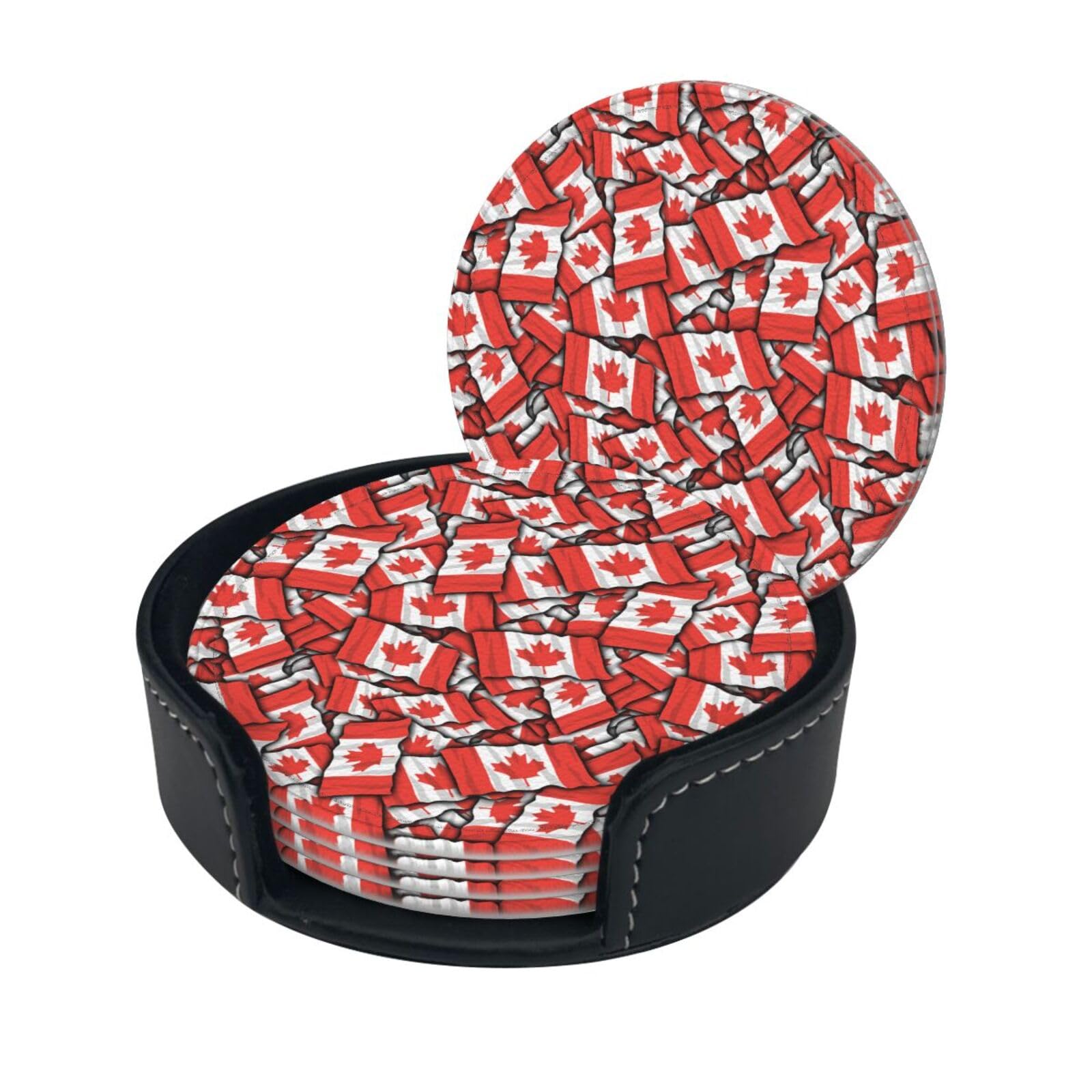 Canadian flag Drink Coasters Set of 6 with Holder Decorative Round Cup Coasters for Coffee Table Kitchen Office Bar